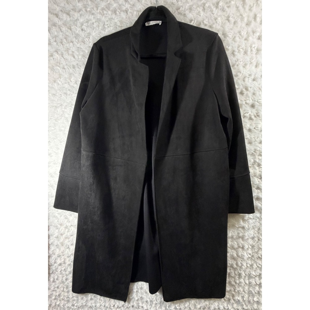 Zara Women Large Black Faux Suede Open Front Longline Coat Jacket